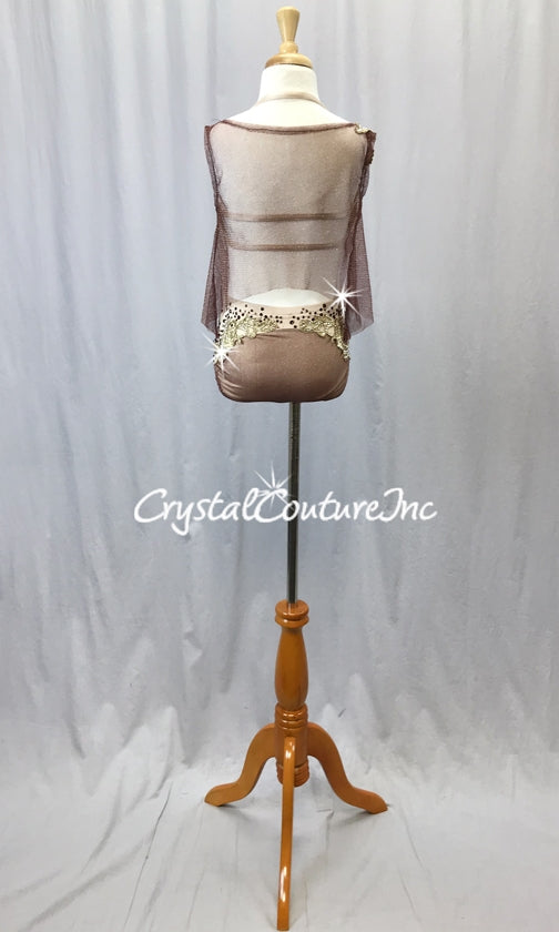 Burgundy Metallic Mesh with Nude Lycra Bra Top, Briefs and Gold Appliques - Swarovski Rhinestones