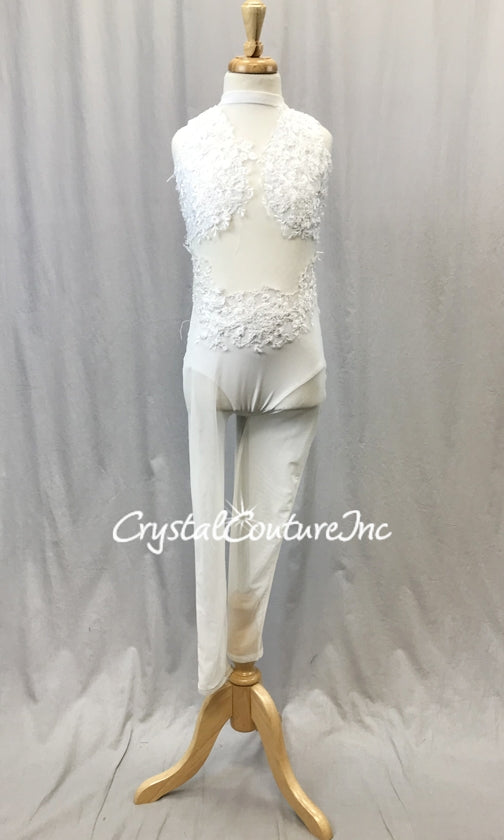 Custom White Sheer Mesh Unitard with Lycra Top & Trunk - Embroidered Appliques