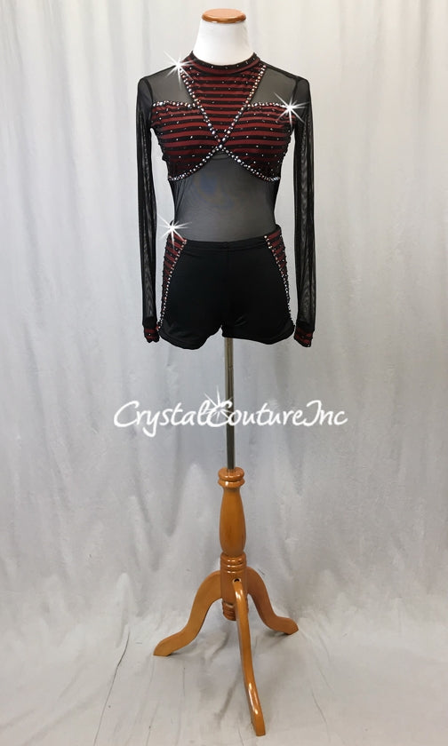 Black and Red with Stripes Long Sleeve Bike-a-Tard - Swarovski Rhinestones