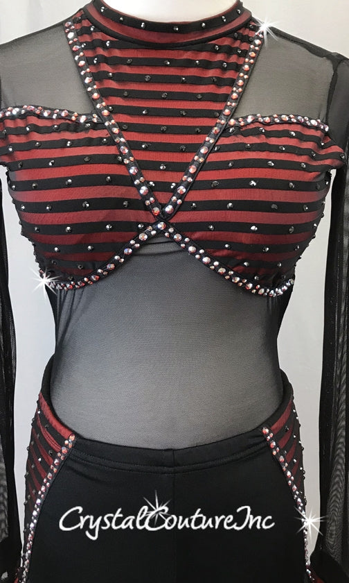 Black & Red with Stripes Long Sleeve Biketard - Swarovski Rhinestones