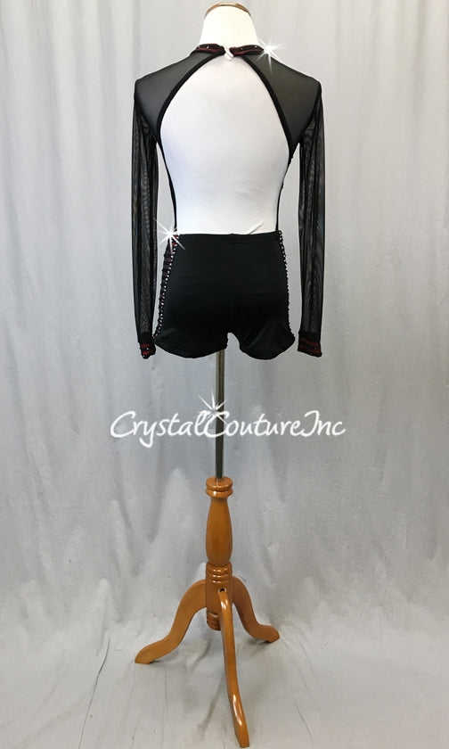 Black & Red with Stripes Long Sleeve Biketard - Swarovski Rhinestones