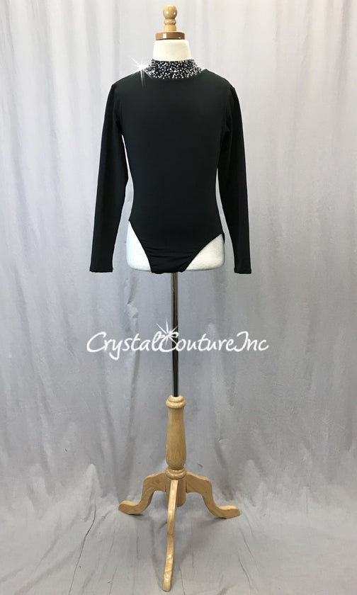 Black Long Sleeve Mock-Neck Leotard - Swarovski Rhinestones