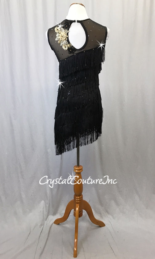Forty's Inspired Black Zsa Zsa Sequin Asymmetrical Dress with Fringe - Swarovski Rhinestones