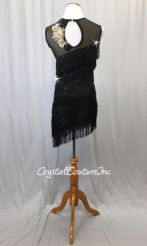 Custom Forty's Inspired Black Zsa Zsa Sequin Asymmetrical Dress with Fringe - Swarovski Rhinestones