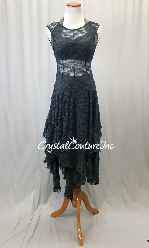 Dusty Blue and Gray Floral Mesh Dress with Gray Halter Top and Boy-Cut Shorts
