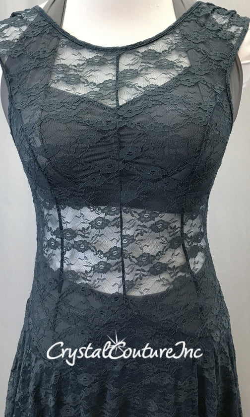 Dusty Blue and Gray Floral Mesh Dress with Gray Halter Top and Boy-Cut Shorts