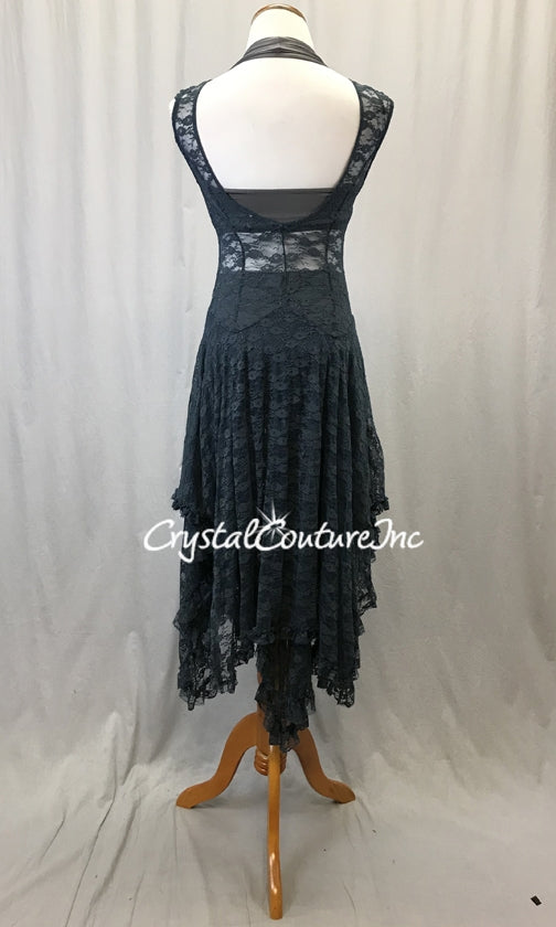 Dusty Blue and Gray Floral Mesh Dress with Gray Halter Top and Boy-Cut Shorts