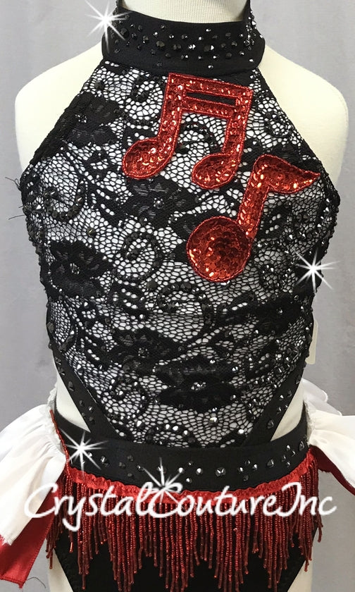 Black and White Connected 2 Piece with Red Accents - Swarovski Rhinestones