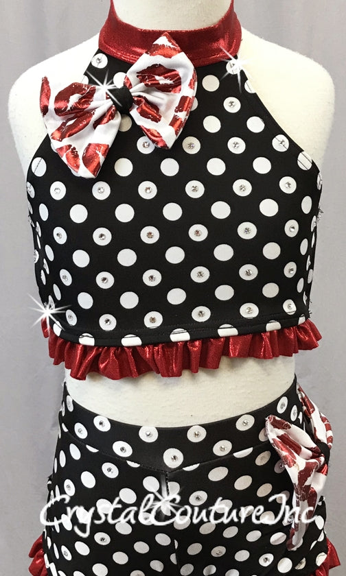Custom Black & White Polka Dot Crop Top & Trunks with Red Accents - Swarovski Rhinestones