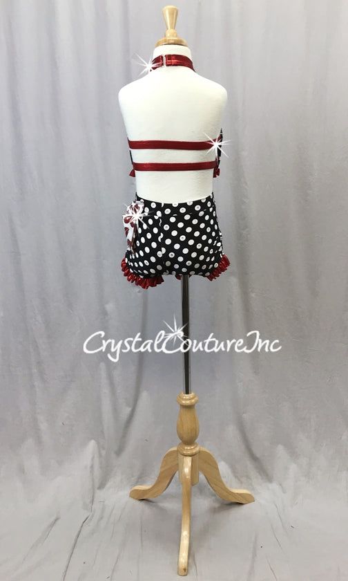 Custom Black & White Polka Dot Crop Top & Trunks with Red Accents - Swarovski Rhinestones