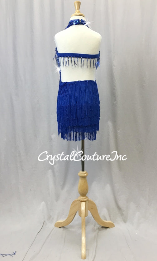 Royal Blue Halter Dress with Beaded Fringe & 5 Rows Chainette Fringe