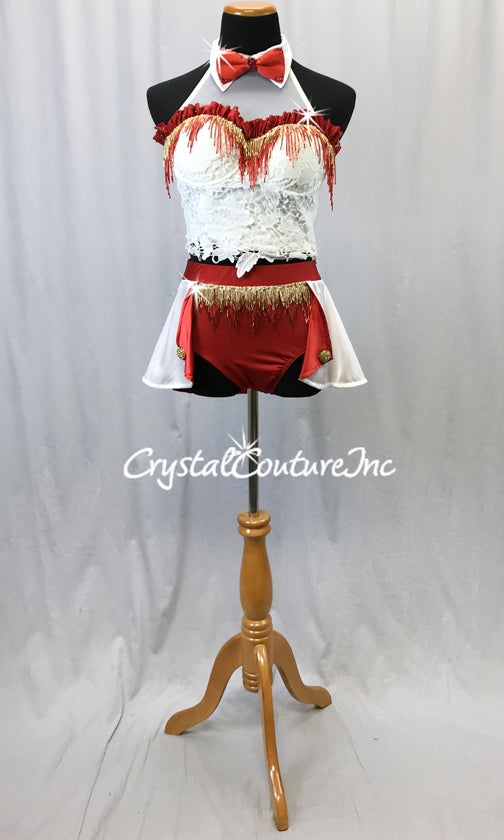 White/Red/Gold 2-Piece Corset Top and Trunks w/Half Skirt - Swarovski Rhinestones