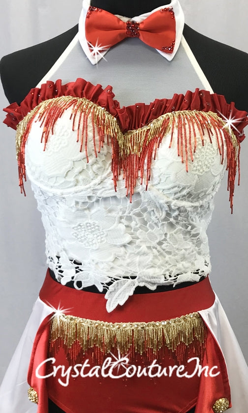 White/Red/Gold 2-Piece Corset Top and Trunks w/Half Skirt - Swarovski Rhinestones