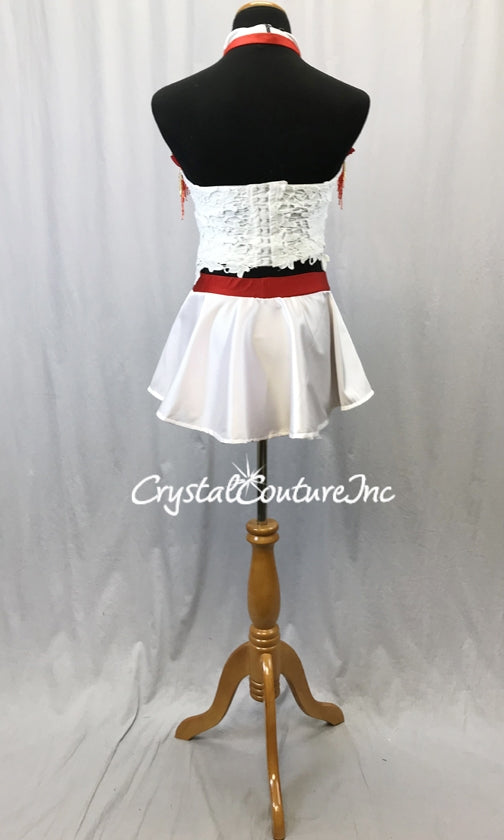 White/Red/Gold 2-Piece Corset Top and Trunks w/Half Skirt - Swarovski Rhinestones