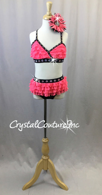 Hot Pink and Black and Pink 2pc with Ruffles - Swarovski Rhinestones