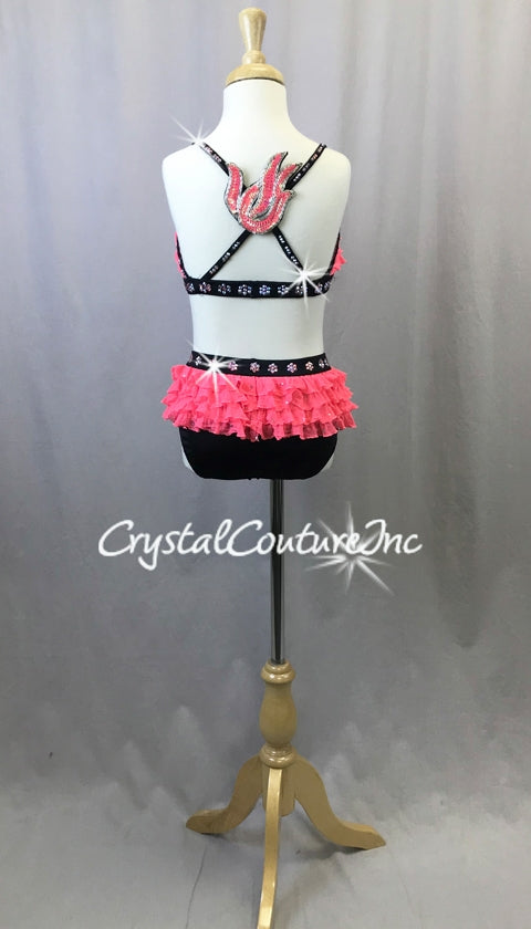Hot Pink and Black and Pink 2pc with Ruffles - Swarovski Rhinestones