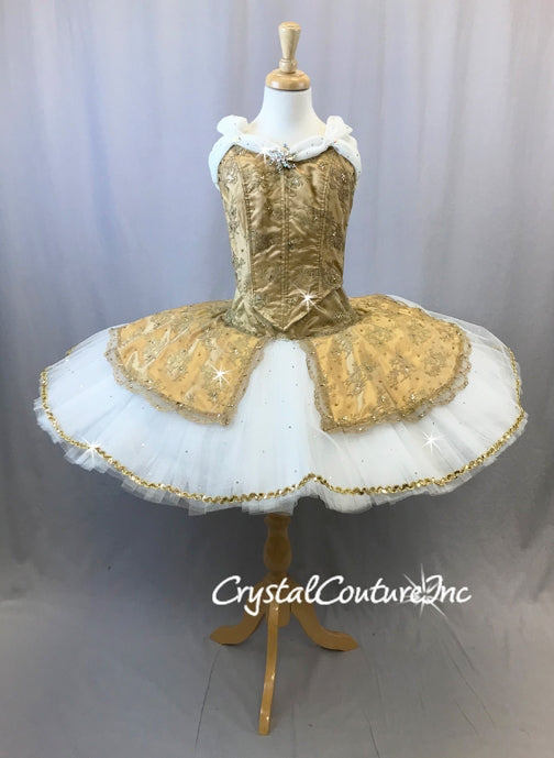 Gold Satin & Lace With White Custom Platter Tutu - Swarovski