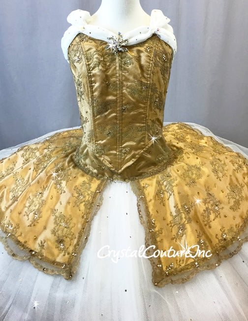 Gold Satin & Lace With White Custom Platter Tutu - Swarovski