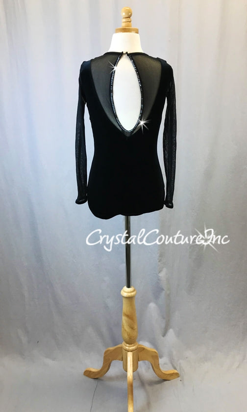 Black Velour & Sheer Mesh Long Sleeve Leotard - Appliques & Swarovski Rhinestones