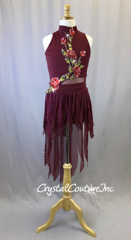 Burgundy High Neck Biketard with Sheer Skirt - Appliques & Swarovski Rhinestones