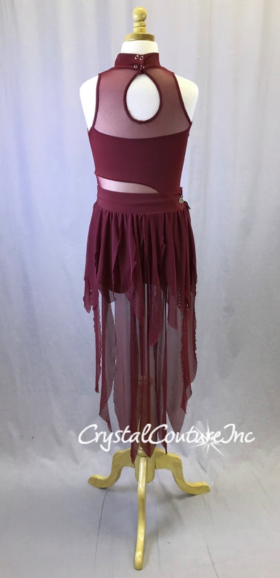 Burgundy High Neck Biketard with Sheer Skirt - Appliques & Swarovski Rhinestones