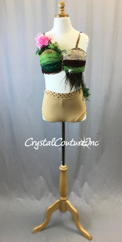 Nude, Brown and Green Tulle Bra-Top with Trunks - Swarovski Rhinestones