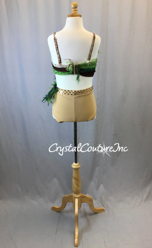 Nude, Brown and Green Tulle Bra-Top with Trunks - Swarovski Rhinestones