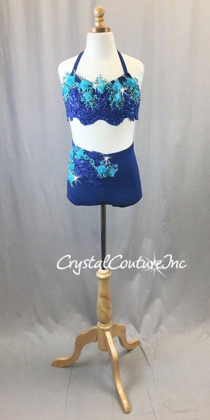 Blue Halter Top and Trunks with Embroidered Appliques - Swarovski Rhinestones