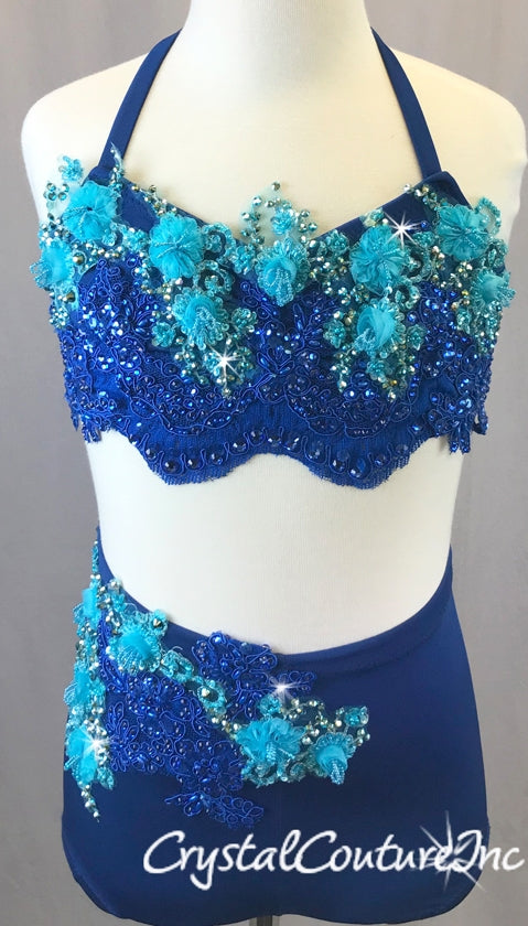 Blue Halter Top and Trunks with Embroidered Appliques - Swarovski Rhinestones
