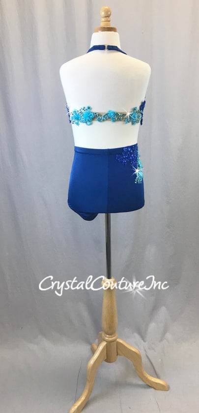 Blue Halter Top and Trunks with Embroidered Appliques - Swarovski Rhinestones