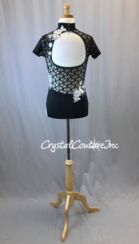 Black Leotard with Gold, Silver & Black Appliques - Swarovski Rhinestones