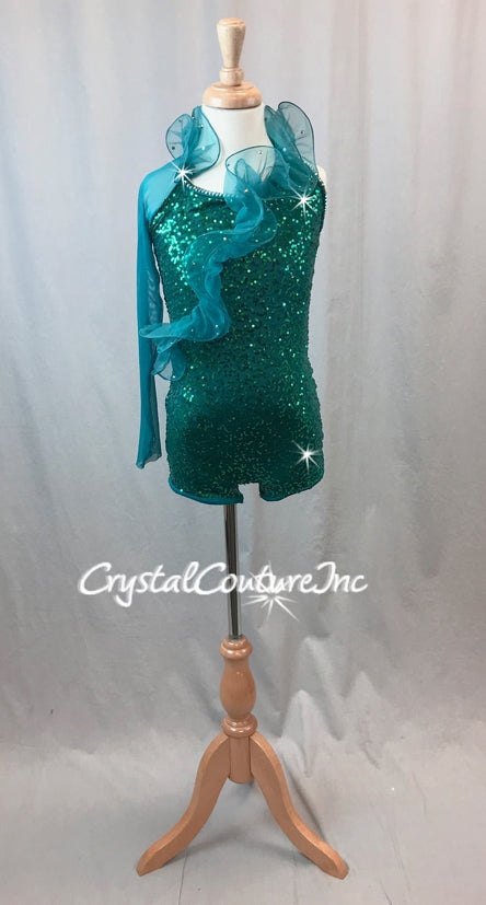 Teal Zsa-Zsa One Sleeve Biketard with Tulle Ruffle - Swarovski Rhinestones