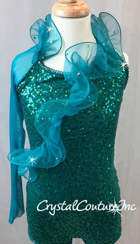 Teal Zsa-Zsa One Sleeve Biketard with Tulle Ruffle - Swarovski Rhinestones