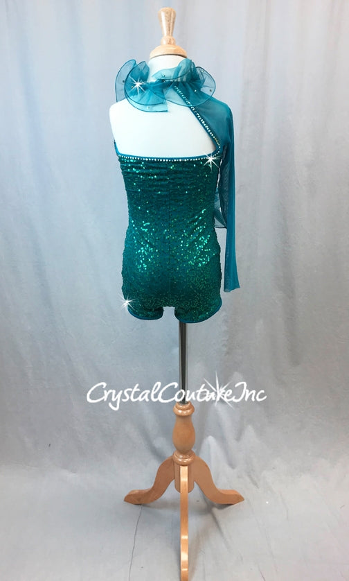 Teal Zsa-Zsa One Sleeve Biketard with Tulle Ruffle - Swarovski Rhinestones