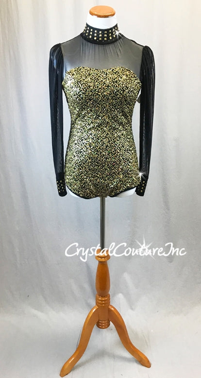 Black Long Sleeve Leotard with Gold Zsa-zsa Sequins & Metallic Studs - Swarovski Rhinestones