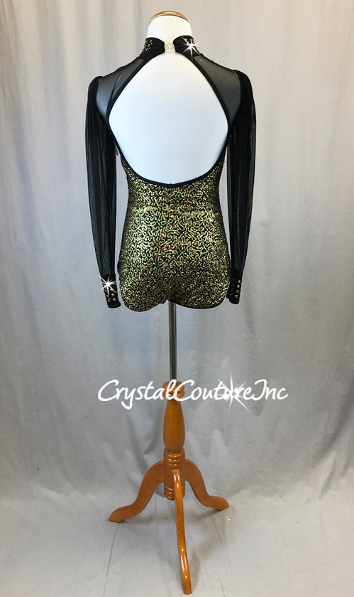 Black Long Sleeve Leotard with Gold Zsa-zsa Sequins & Metallic Studs - Swarovski Rhinestones