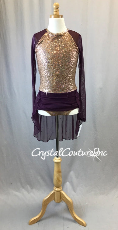 Gold Zsa-zsa & Purple Mesh Long Sleeve Leotard - Swarovski Rhinestones