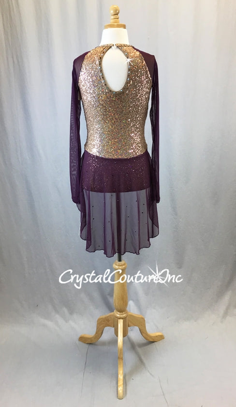 Gold Zsa-zsa & Purple Mesh Long Sleeve Leotard - Swarovski Rhinestones