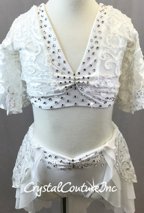 White Velour Burn-out Lace Top with Skirt/Trunks - Swarovski Rhinestones