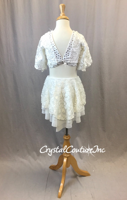 White Velour Burn-out Lace Top with Skirt/Trunks - Swarovski Rhinestones