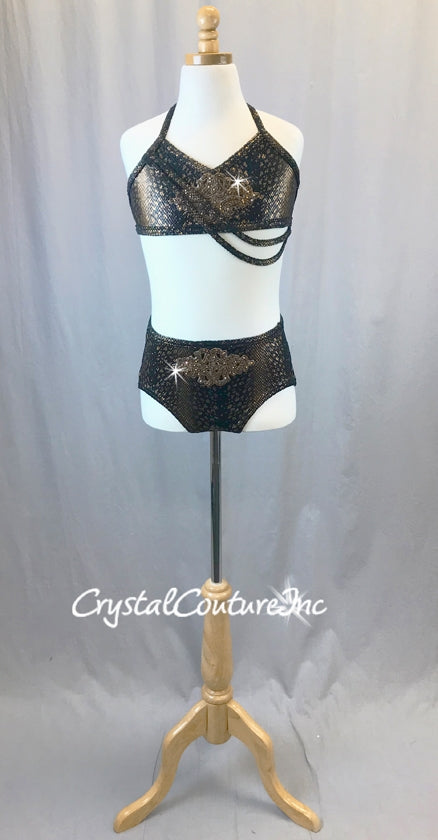 Custom, Brand New: Black and Bronze 2pc Animal Print with Black Open Net Overlay - Appliques