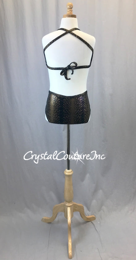 Custom, Brand New: Black and Bronze 2pc Animal Print with Black Open Net Overlay - Appliques