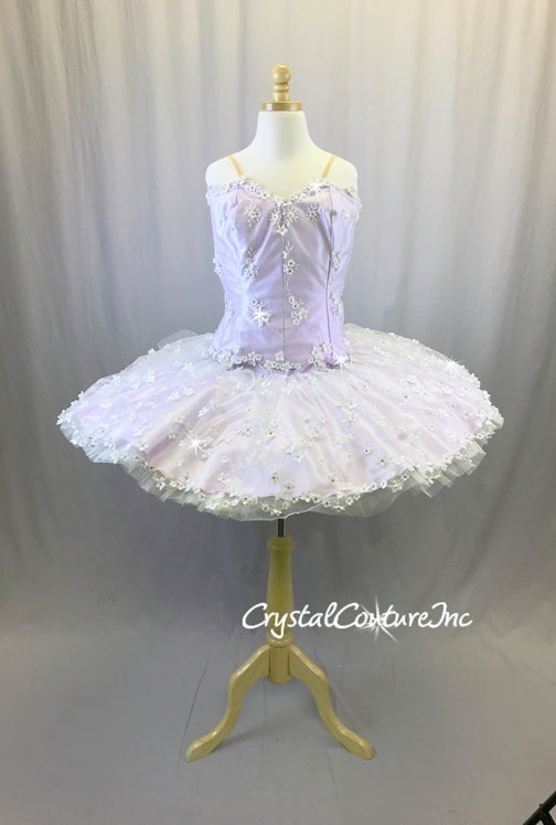 Lilac Satin Platter Tutu Covered in Embroidered Sheer White Floral Mesh -Swarovski Rhinestones