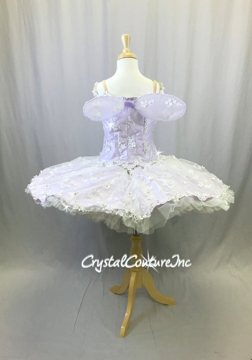 Lilac Satin Platter Tutu Covered in Embroidered Sheer White Floral Mesh -Swarovski Rhinestones