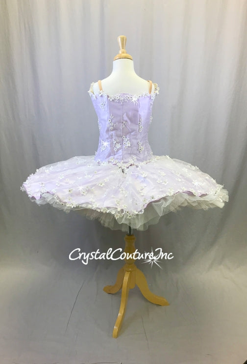 Lilac Satin Platter Tutu Covered in Embroidered Sheer White Floral Mesh -Swarovski Rhinestones