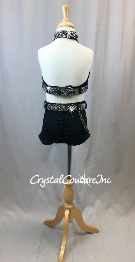 Black Open Net Top & Trunks with Belts & Chains - Swarovski Rhinestones