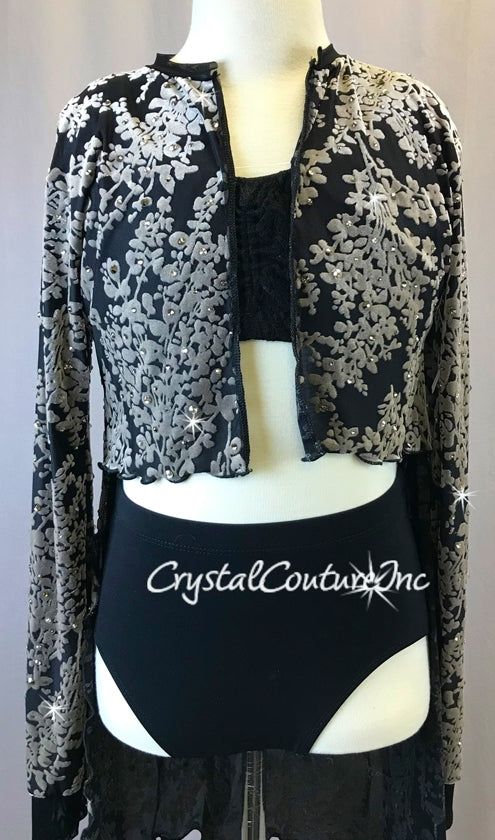 Black and Taupe Velour Burnout Shirt with Black Bra-Top and Briefs - Swarovski Rhinestones