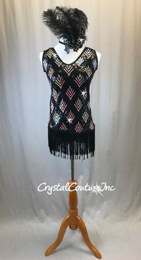 Black Sheer Mesh Dress with Black/Gold Sequins and Fringe - Rhinestones