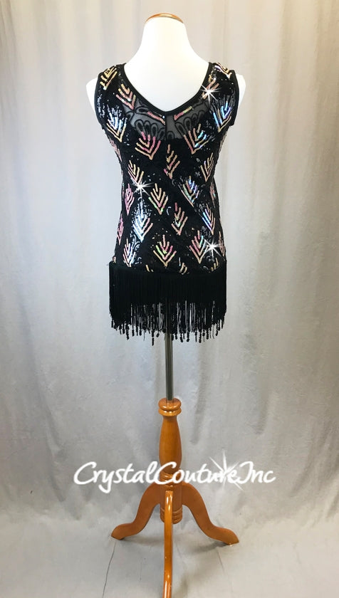Black Sheer Mesh Dress with Black/Gold Sequins and Fringe - Rhinestones