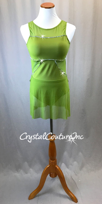 Green Sheer Mesh and Lycra One Piece with Skirt - Rhinestones